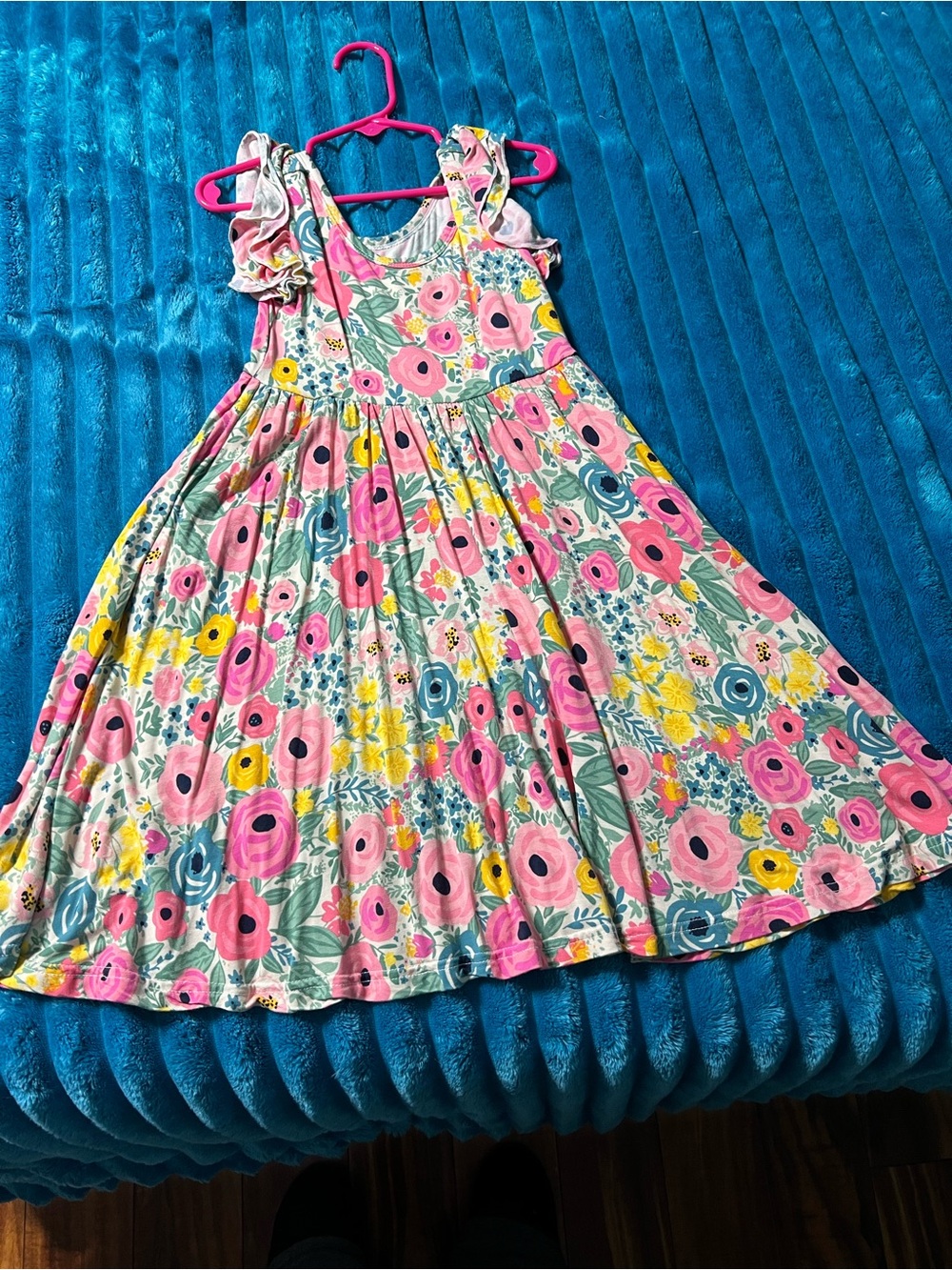 Little Sleepies Floral Ruffle-Sleeve Dress in Pink, Yellow & Blue